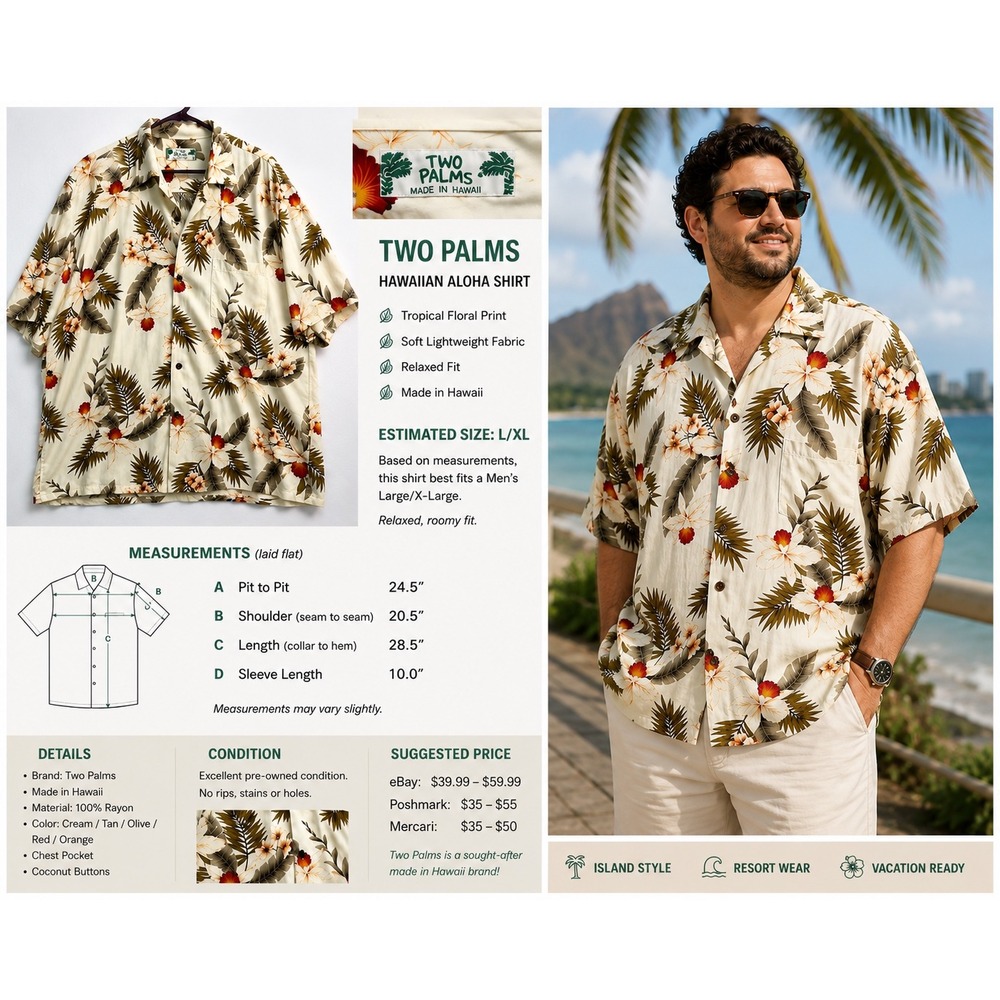 Two Palms Mens Hawaiian Shirt XL Off White Floral Palm Leaf Made in Hawaii Camp